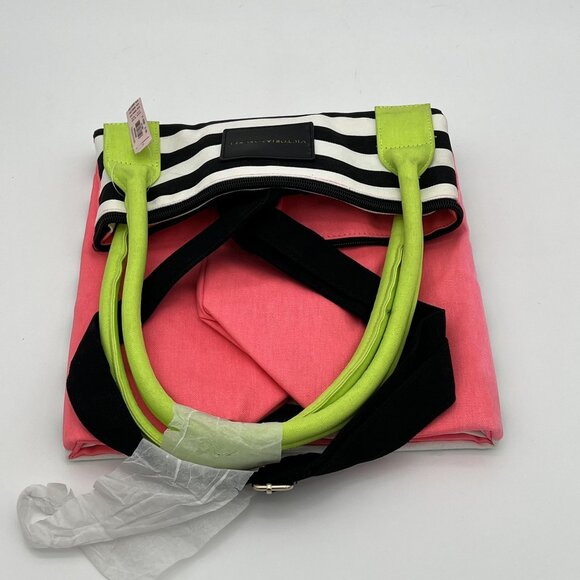 Victorias Secret Striped Pink Tote Bag With Neon Green Handles - Picture 4 of 5